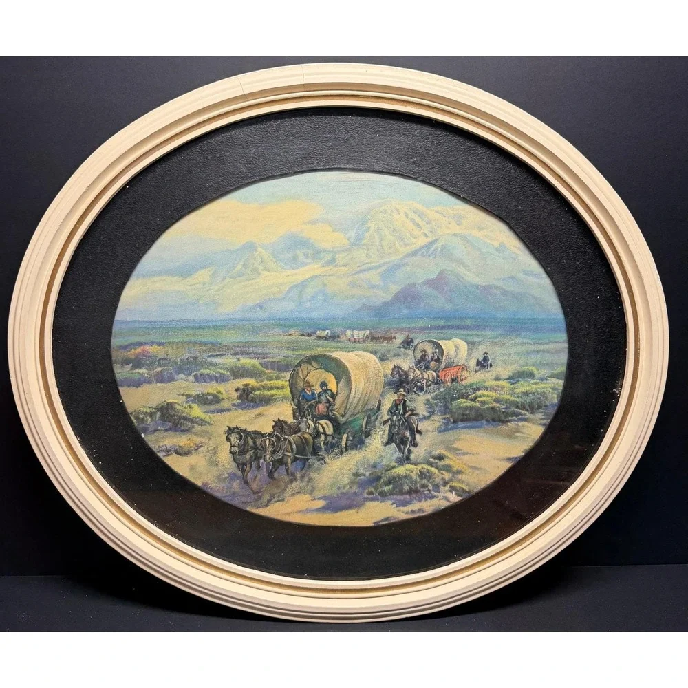 Antique Western Covered Wagon Lithograph Oval Frame Pioneer Scene John Teale Art
